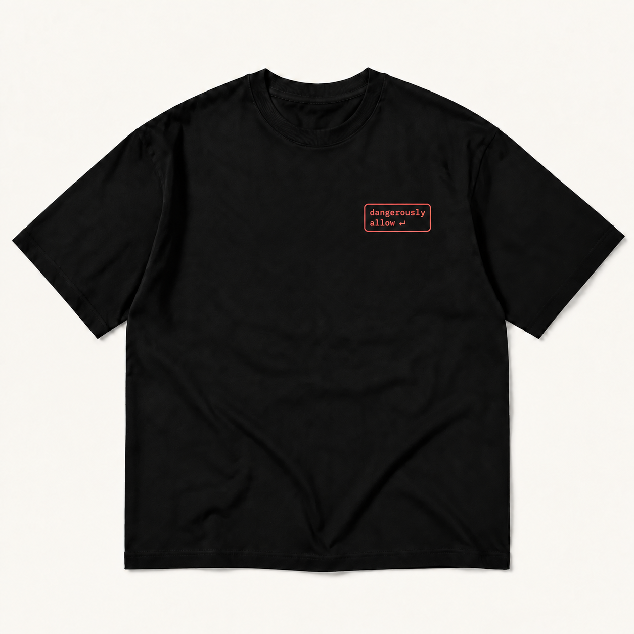 Black Dangerously Allow tee concept with the small coral-red pocket-size logo on the wearer's left chest.