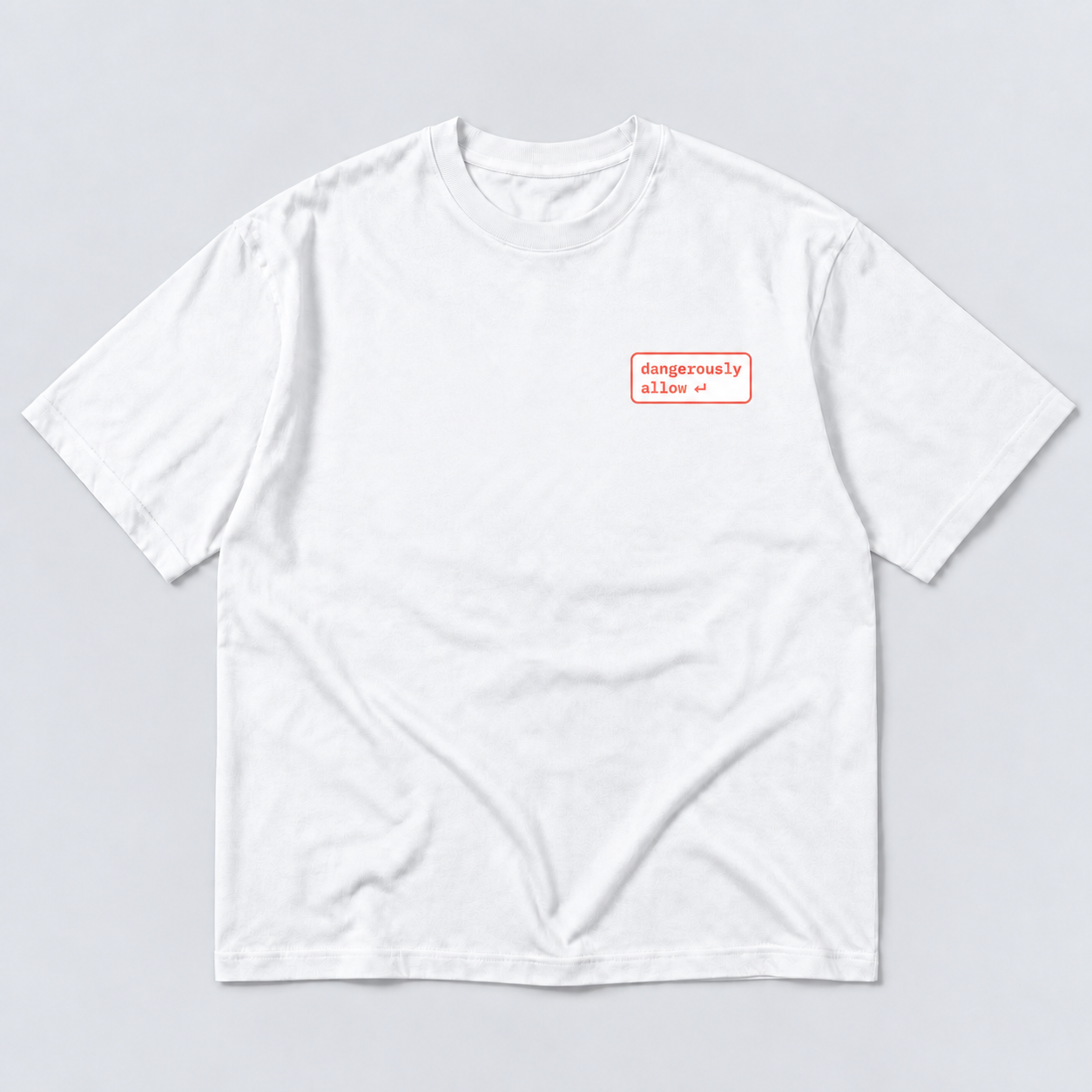 White The Allow Tee concept with a small coral-red Dangerously Allow logo on the left chest